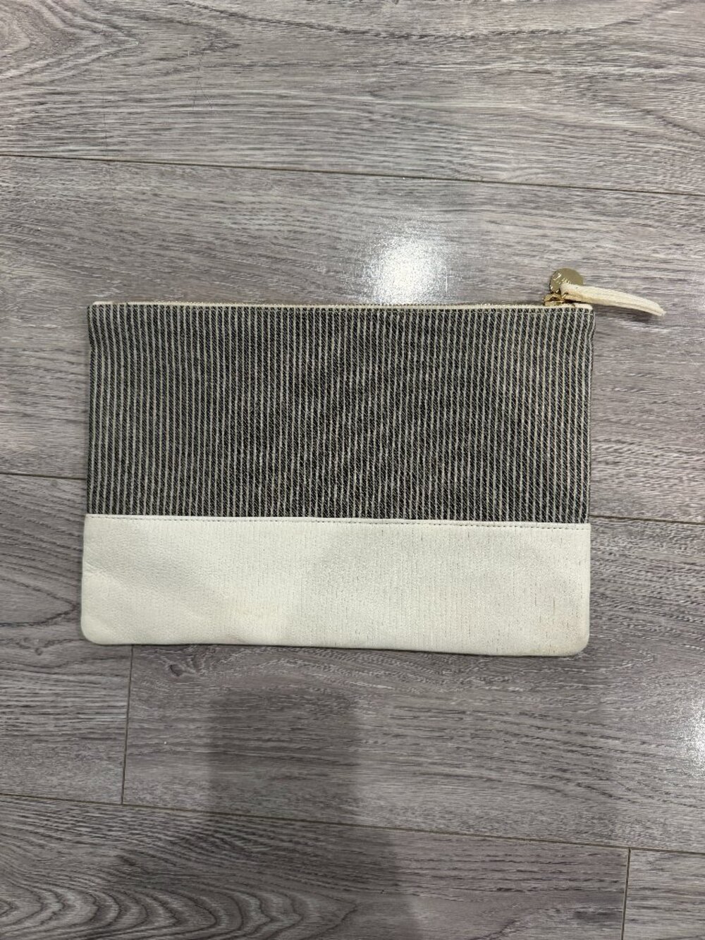 Clare V Striped Flat Zip Clutch | Neutral Canvas & Cream Leather Pouch